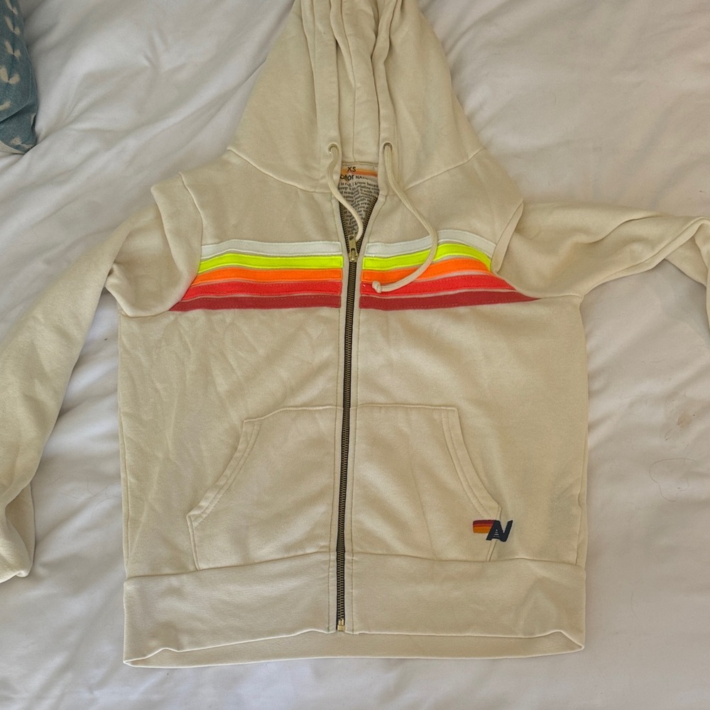 Aviator Nation Cream Zip Hoodie with Neon Stripe